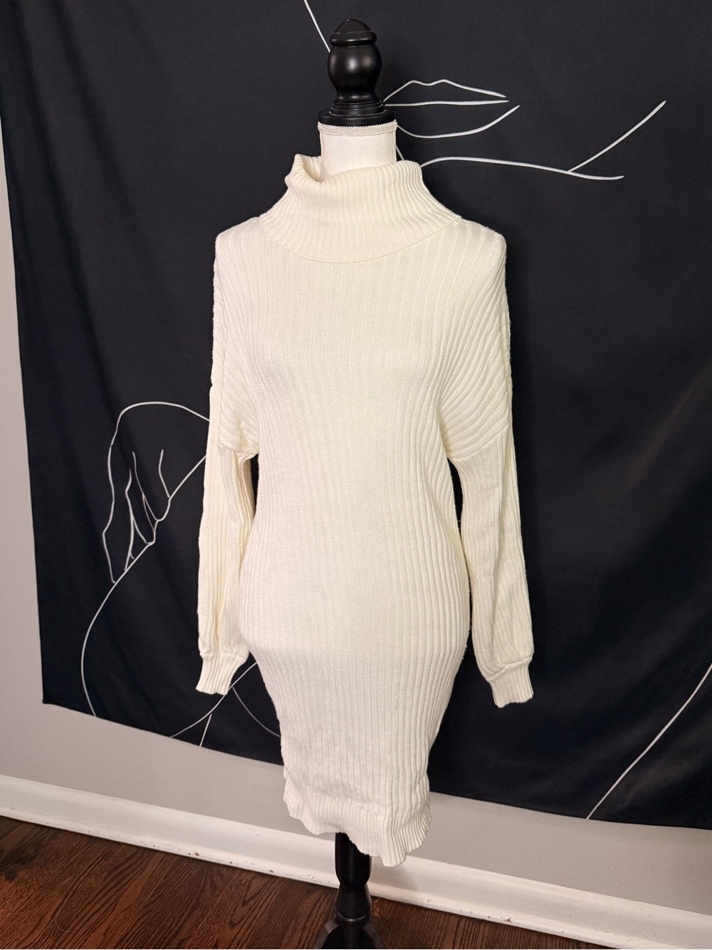 Amazon Cream Ribbed Turtleneck Long Sleeve Dress